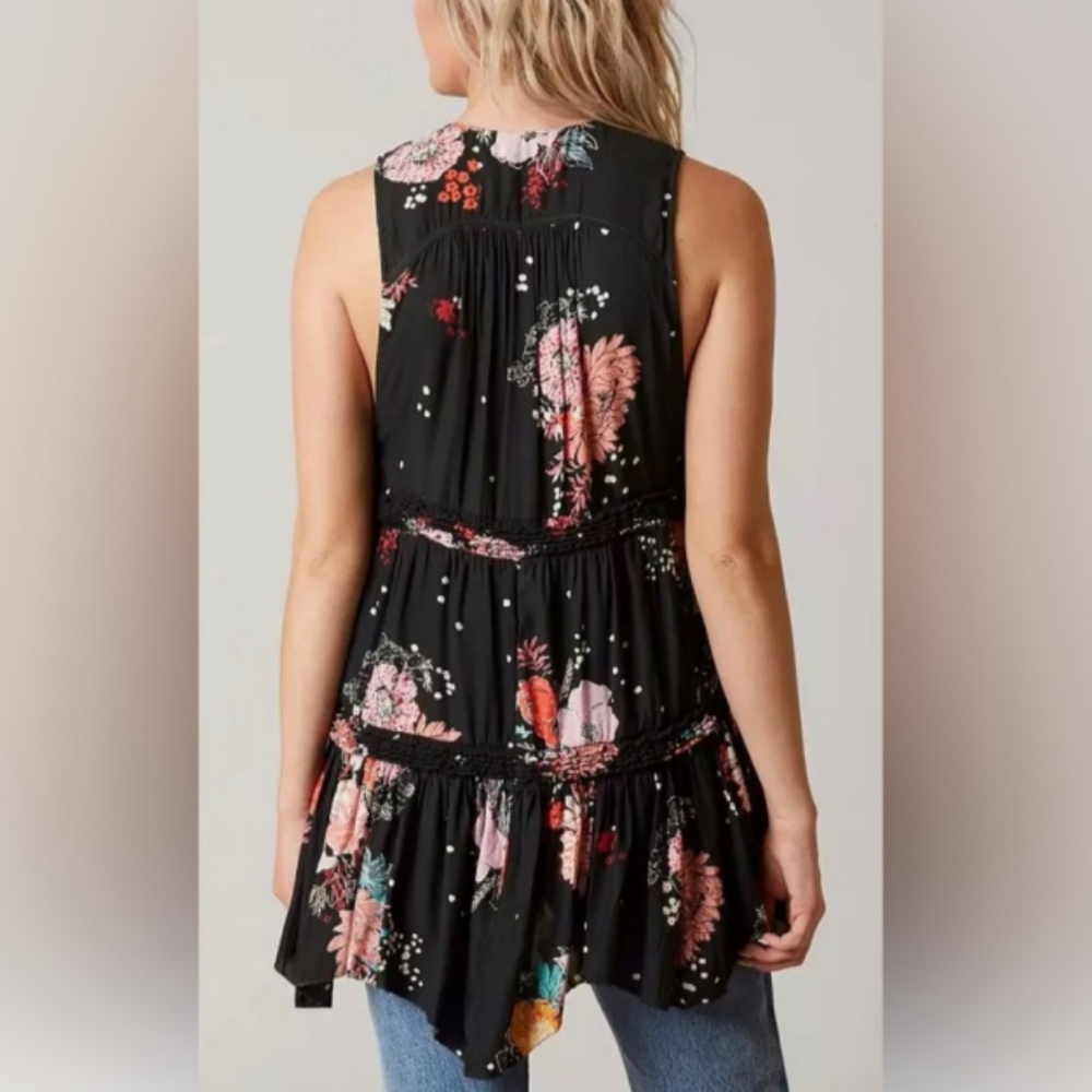Free People High Low Haze Black Floral Sleeveless Tunic Top Tank Shirt XS Small - Picture 3 of 8